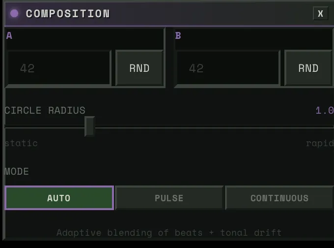 Composition panel — noise seeds, circle radius, auto/pulse/continuous mode